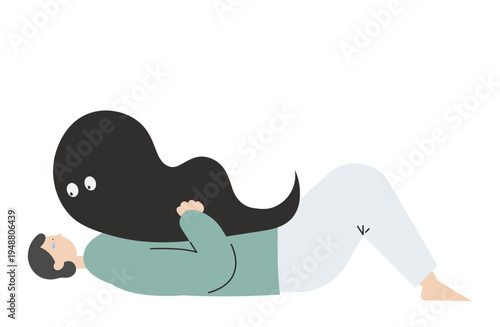 強い不安やストレスの重圧で横たわったまま動けず涙を流す女性のイラスト