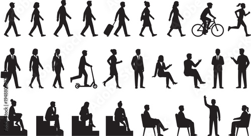 People lifestyle silhouettes set, walking cycling running business characters daily activity vector collection isolated