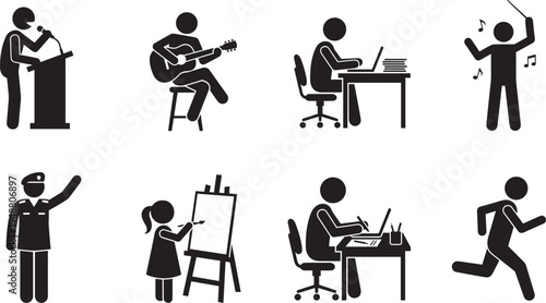 People professions and activities icons set, musician artist teacher police worker lifestyle silhouette vector collection