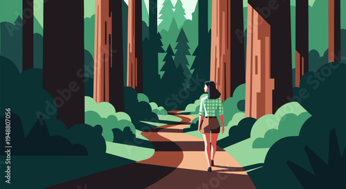 Stylized Vector Illustration of a Woman Walking on a Forest Path, Nature Scenery