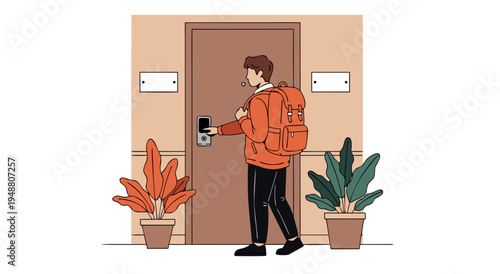 Vector Illustration of a Person with a Backpack Opening a Door in a Building Entrance
