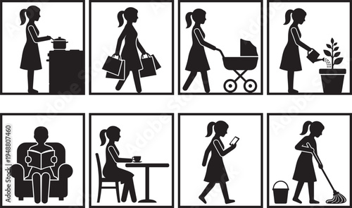 Woman daily activities silhouettes set, cooking shopping gardening cleaning reading lifestyle vector collection isolated