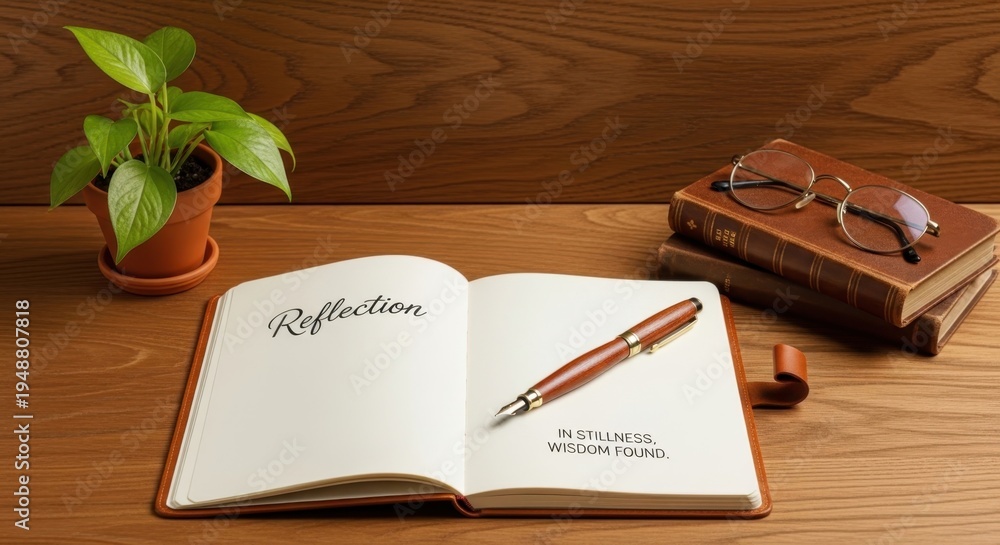 Fototapeta premium Open journal with a fountain pen, displaying 'Reflection' and 'In stillness wisdom I found'