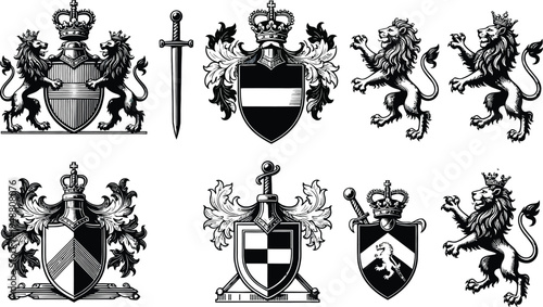 Set of 7 heraldic crests and shields vector