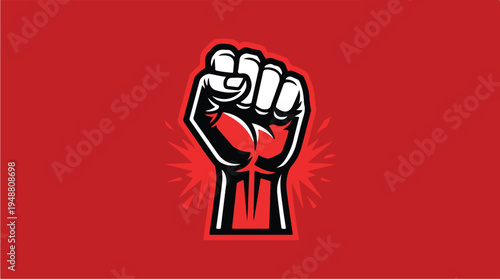 Powerful raised fist symbol on a vibrant red background representing strength and revolution.
