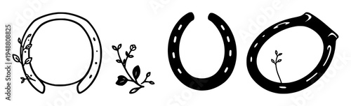 Horseshoe set with minimalist line art featuring leafy sprigs, small dots, black outlines with white background and monochrome palette
