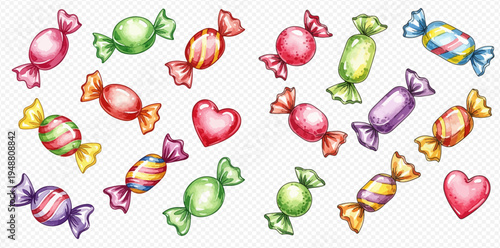 Watercolor illustration set of colorful wrapped candies and hearts, sweet treats collection.