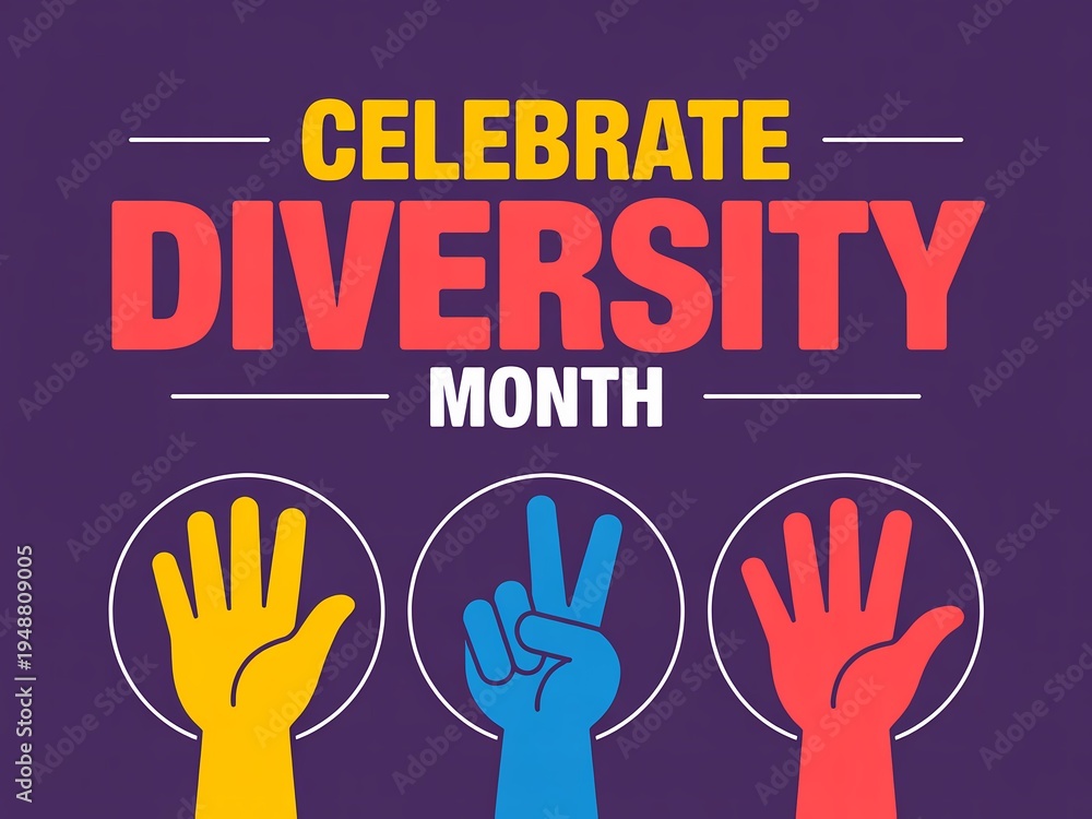 Obraz premium Celebrate diversity month with colorful hand signs on purple background