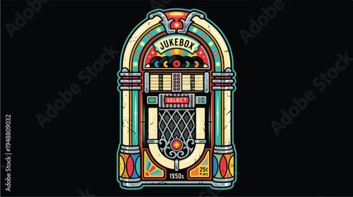 Vibrant retro jukebox illustration on a dark background.