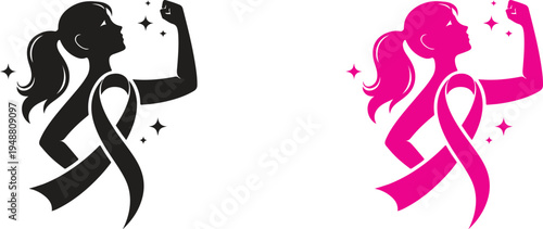 Strong Woman with Awareness Ribbon Breast Cancer Empowerment Vector Illustration