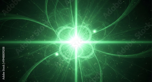 Abstract glowing green energy nucleus with radiating lines and particles.