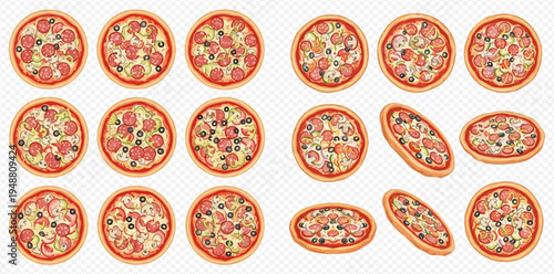 Set of delicious pepperoni pizzas with various toppings in different angles and shapes.
