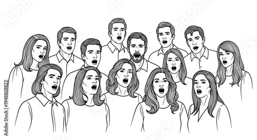 Group of people singing in chorus, black and white sketch