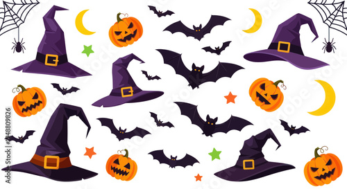 Halloween Witch Hats, Pumpkins, Bats, and Moons on White Background