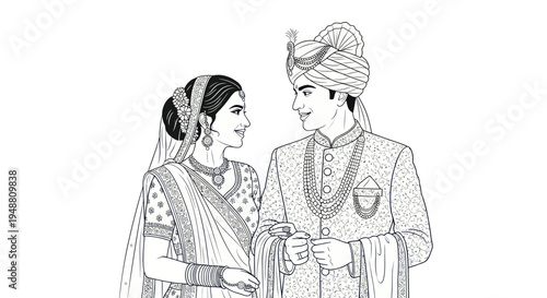 Indian Wedding Couple Drawing - Bride and Groom in Traditional Attire