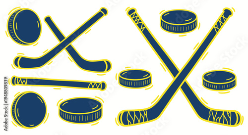 Hockey Sticks and Pucks Icon Set - Ice Hockey Sport Equipment Illustration