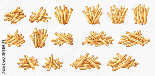 Set of delicious golden french fries, crispy potato sticks, fast food snack in various piles and arrangements.
