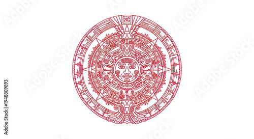 Red Aztec Sun Stone Calendar Symbol Isolated on White Background
