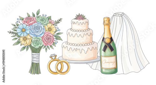 Wedding Celebration Elements: Bouquet, Cake, Rings, Champagne, Veil