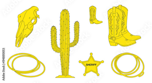 Western Cowboy Elements: Cactus, Boots, Lasso, Skull, Sheriff Star