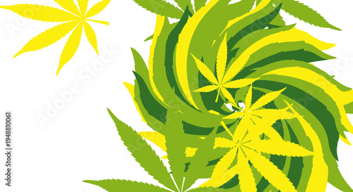 Abstract Marijuana Leaves Swirl Pattern Green Yellow White Background