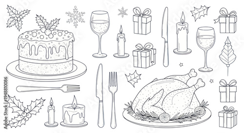 Christmas Dinner Hand-Drawn Line Art: Roast Turkey, Cake, Gifts, Candles, Wine Glasses