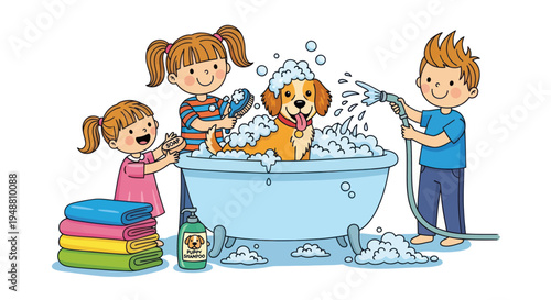 Children bathing and grooming a happy dog in a bathtub with soap and water