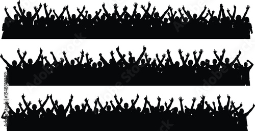 Cheering crowd silhouettes banner set with raised hands, excited audience celebration group, festival concert fans isolated on white background energetic people concept