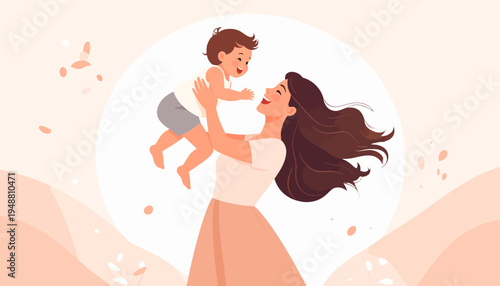 A loving mother holds her happy baby high in the air on Mother's Day, surrounded by family love and affection.
