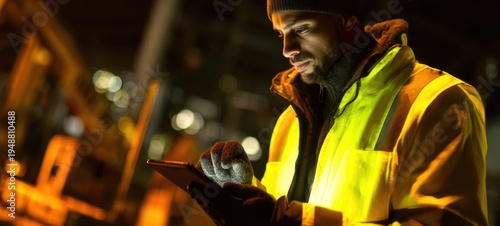 The construction worker using a tablet to inspect industrial equipment at night