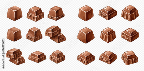 Set of chocolate candies in various shapes, sweet dessert food for confectionery and holidays.