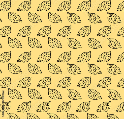 Mandu Seamless Pattern. Korean Dumpling Illustration. Handdrawn Asian Food Doodle. Repeating Streetfood Background. Decorative Packaging Textile Design.