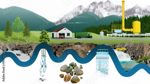 Water Cycle Infographic Demonstrating Natural Resources Management and Environmental Impact in Beautiful Landscape Setting