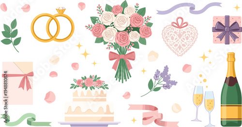Elegant Wedding Celebration Vector Set Featuring Bridal Bouquet, Rings, Cake, Champagne Bottle, Gift Box, and Floral Elements for Marriage Invitations and Stationery