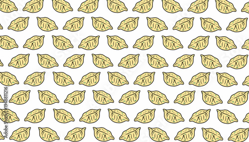 Mandu Seamless Pattern. Korean Dumpling Illustration. Handdrawn Asian Food Doodle. Repeating Streetfood Background. Decorative Packaging Textile Design.