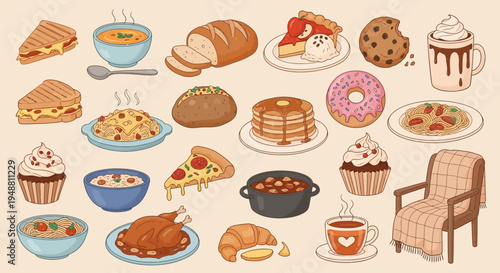 Assortment of delicious food items bread pizza pasta and desserts