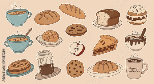 Assortment of baked goods and beverages illustration on beige background