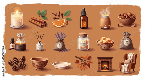 Aromatic collection of candles incense oils and fragrant elements in a brown palette