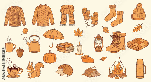Autumn essentials collection warm clothing cozy items seasonal illustration
