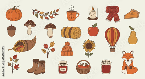 Autumn harvest collection decorative seasonal elements on cream background