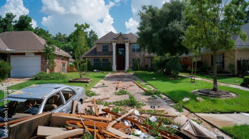 Devastating Neighborhood Destruction After Severe Storm Impacting Residential Area with Debris and Damaged Homes