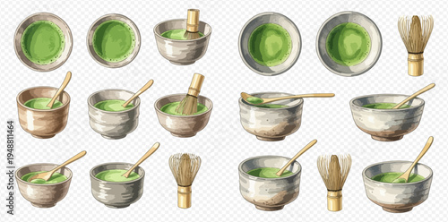 Watercolor illustration of matcha tea bowls and whisks, traditional Japanese green tea ceremony.