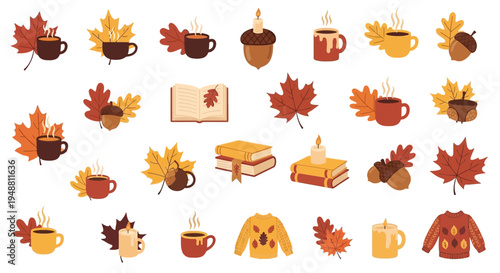 Autumnal collection mugs leaves books and decorations isolated on white