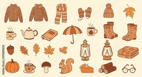 Autumnal collection of cozy items and seasonal elements in a vector illustration