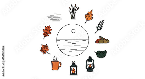Autumnal circle illustration leaves cup lanterns and nature elements
