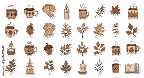 Autumnal collection of cozy elements mugs leaves scarves candles