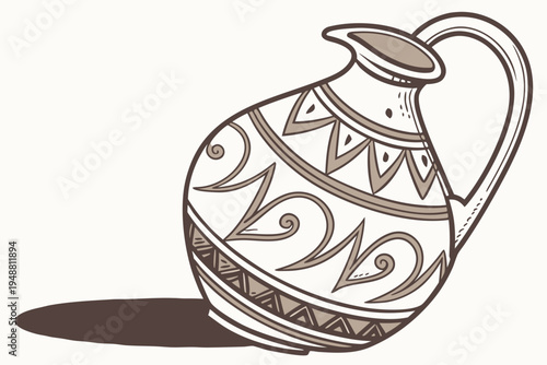 A minimalist illustration of an ancient ceramic jug with intricate designs and patterns