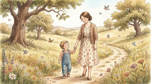 A mother and her little child walking hand in hand on a sunny path through a beautiful field on Mother's Day, feeling happy and loving.
