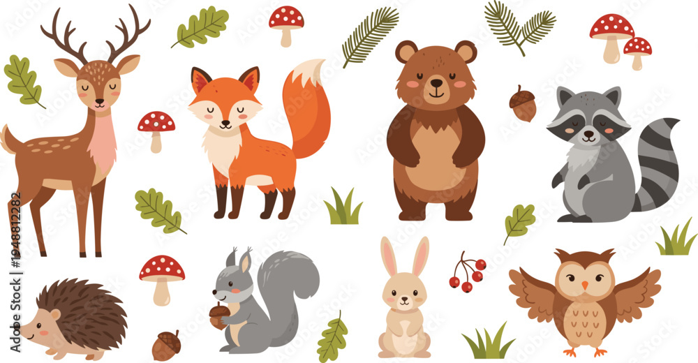 Obraz premium Hand Drawn Woodland Animal Character Set with Deer, Fox, Bear, Raccoon, Squirrel, Owl, and Hedgehog Surrounded by Forest Mushrooms, Leaves, and Berries