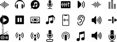 Audio and music icon set, sound and broadcasting artwork illustration, media and entertainment design inspiration, audio technology symbols collection